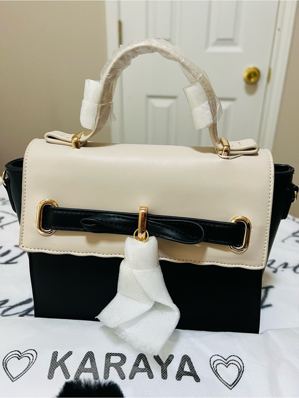 Two-Tone Black & Cream Top-Handle Satchel